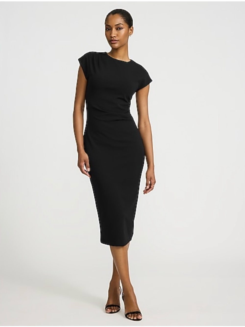 NWT Crepe Crew Neck Cap Sleeve Ruched Midi Sheath Dress